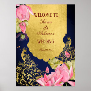 Royal blue gold peacock lotus Indian welcome sign