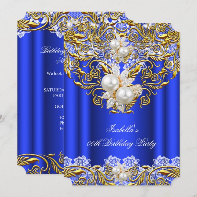 Royal Blue Gold Pearl Elegant Birthday Party 2 Invitation (Front/Back)