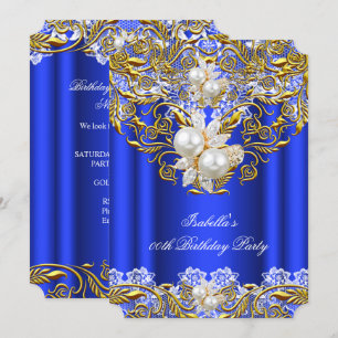 Royal Blue Gold Pearl Elegant Birthday Party 2 Invitation