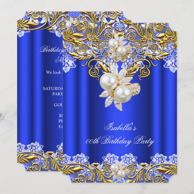 Royal Blue Gold Pearl Elegant Birthday Party 2 Invitation (Front/Back)
