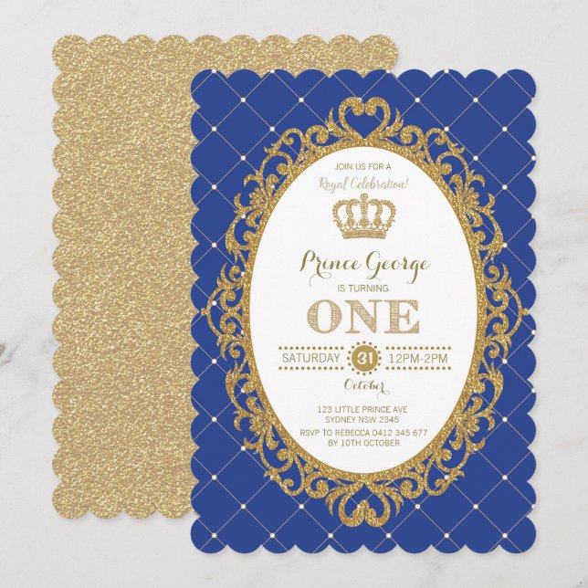 Royal Blue Gold Prince Baby Boy 1st Birthday Party Invitation (Front/Back)