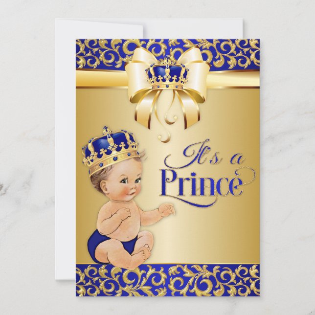 Royal Blue & Gold Prince Baby Shower Crown Invitation (Front)