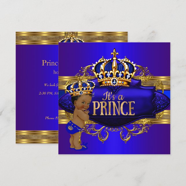 Royal Blue Gold Prince Baby Shower Ethnic Invite (Front/Back)