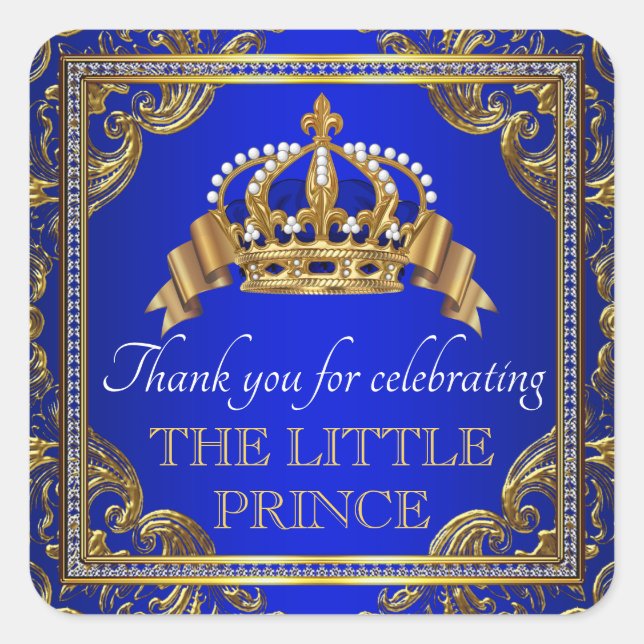 Royal Blue Gold Prince Baby Shower Favour Stickers (Front)