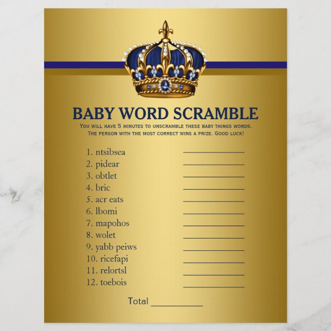 Royal Blue Gold Prince Baby Shower Games Flyer (Front)