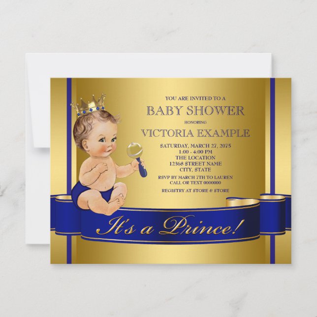 Royal Blue Gold Prince Baby Shower Invitation (Front)
