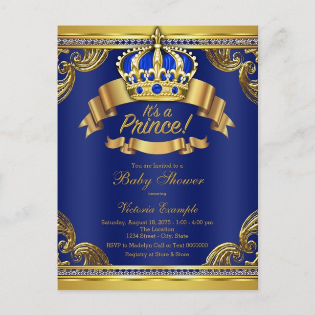 Royal Blue Gold Prince Baby Shower Invitation Postcard (Front)