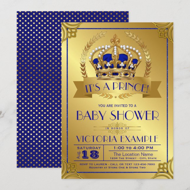 Royal Blue Gold Prince Baby Shower Invitations (Front/Back)