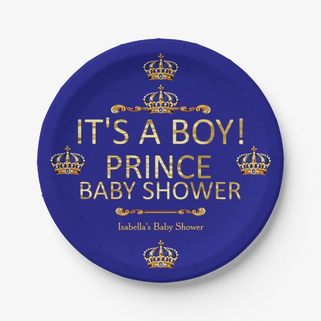 Royal Blue Gold Prince Baby Shower Its A Boy Paper Plate (Front)
