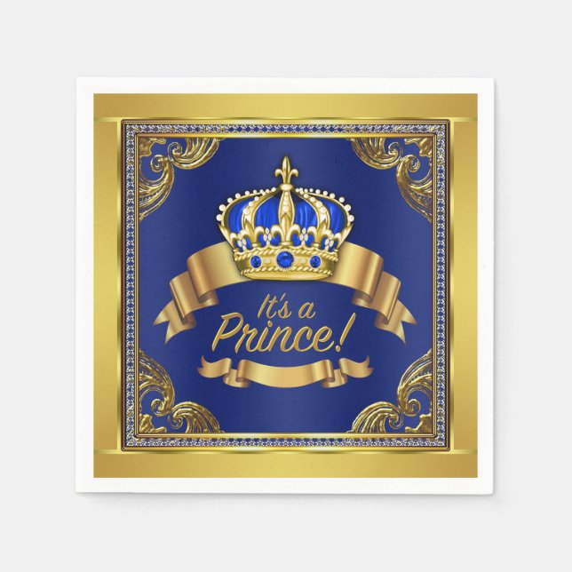 Royal Blue Gold Prince Baby Shower Napkin (Front)