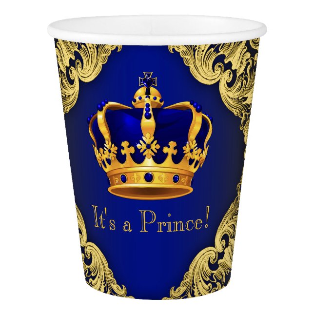 Royal Blue Gold Prince Baby Shower Paper Cup (Front)