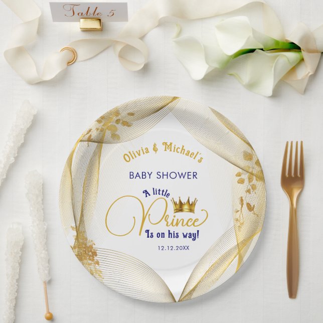 Royal Blue Gold Prince Baby Shower Paper Plate (Wedding)