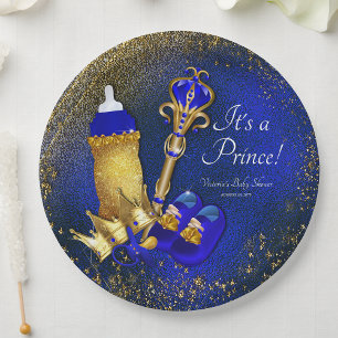 Royal Blue Gold Prince Baby Shower Paper Plate