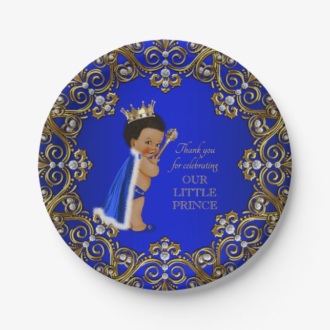 Royal Blue Gold Prince Baby Shower Paper Plates (Front)