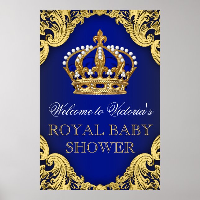 Royal Blue Gold Prince Baby Shower Sign (Front)