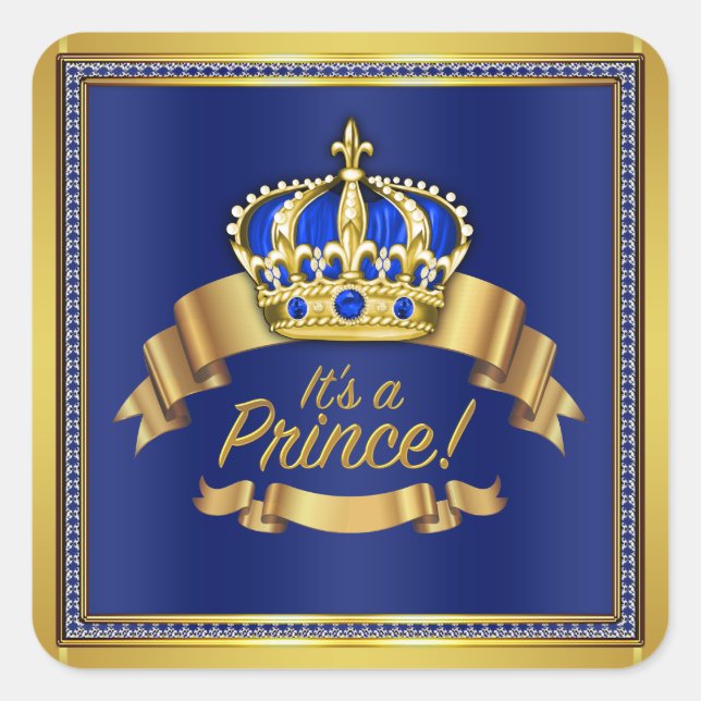 Royal Blue Gold Prince Baby Shower Square Sticker (Front)