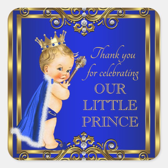 Royal Blue Gold Prince Baby Shower Stickers (Front)
