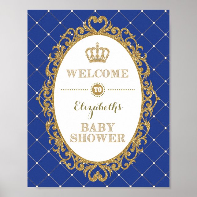 Royal Blue & Gold Prince Baby Shower Welcome Sign (Front)
