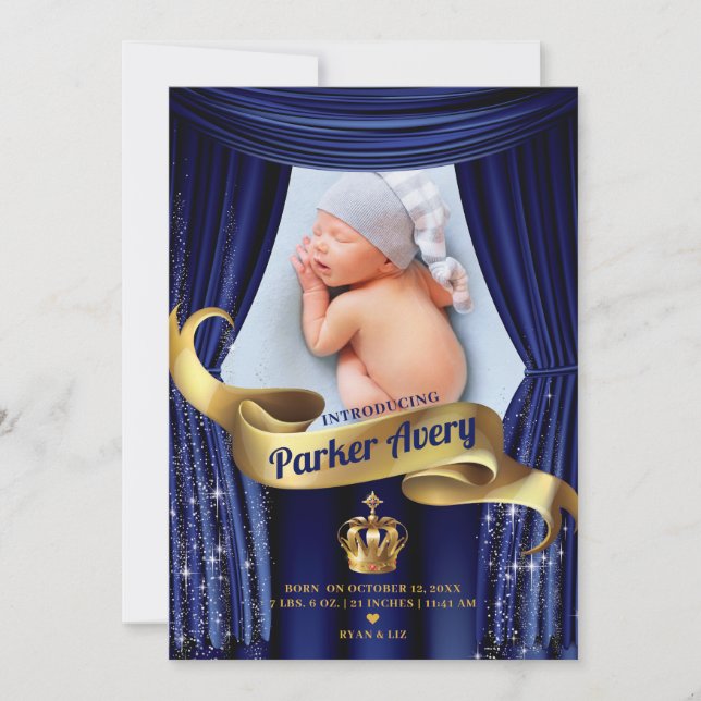 Royal Blue Gold Prince Birth Announcement (Front)