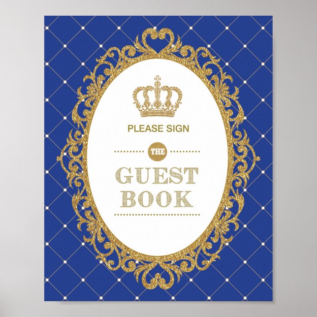 Royal Blue Gold Prince Birthday Guest Book Sign (Front)