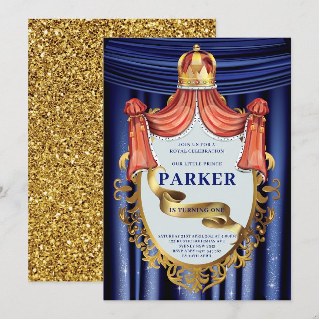 Royal Blue Gold Prince Birthday Invitation (Front/Back)