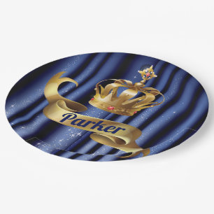 Royal Blue Gold Prince Birthday Paper Plate