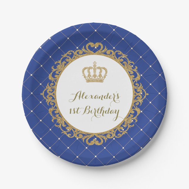 Royal Blue Gold Prince Birthday Party 7" Plate (Front)