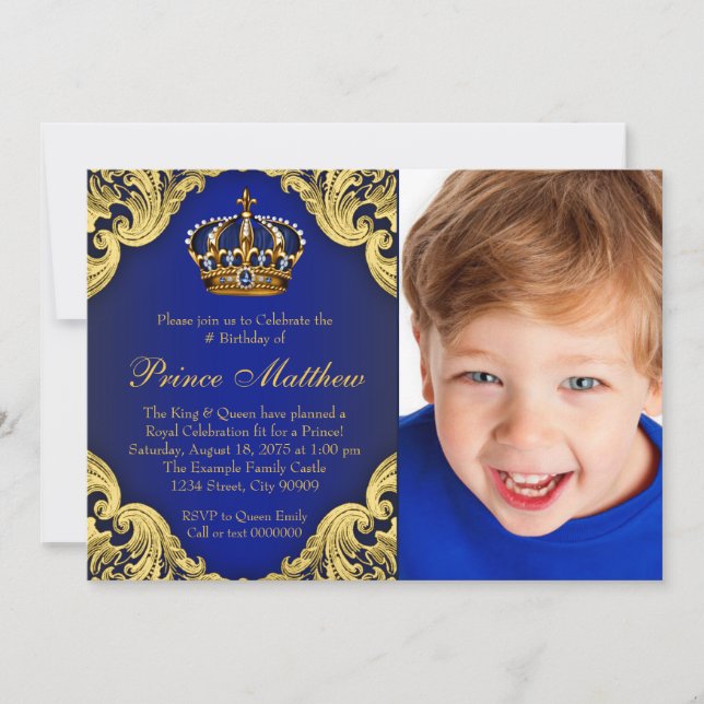Royal Blue Gold Prince Birthday Party Invitations (Front)