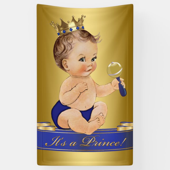 Royal Blue Gold Prince Boy Baby Shower Banner (Vertical)