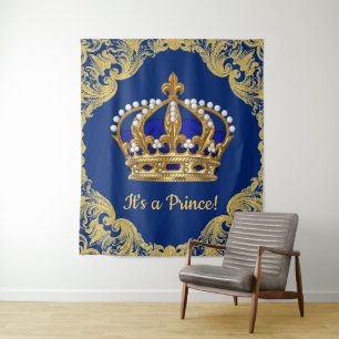 Royal Blue Gold Prince Crown Baby Shower Backdrop Tapestry