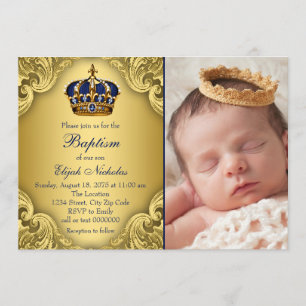 Royal Blue Gold Prince Crown Baptism Invitation