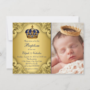 Royal Blue Gold Prince Crown Baptism Invitation