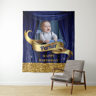 Royal Blue Gold Prince Happy Birthday Tapestry