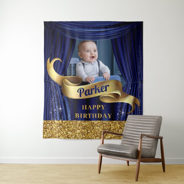 Royal Blue Gold Prince Happy Birthday Tapestry (In Situ)