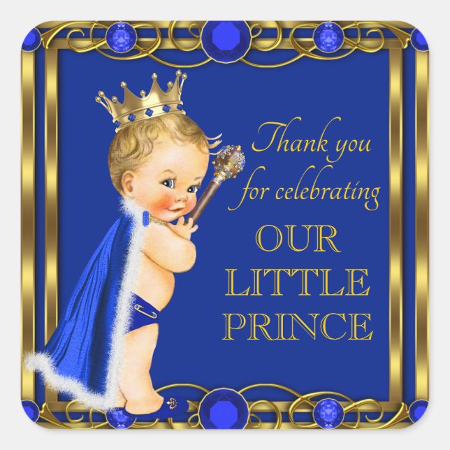 Royal Blue Gold Prince Jewel Baby Shower Stickers (Front)