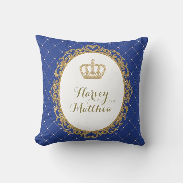 Royal Blue Gold Prince Nursery Decor Pillow (Front)