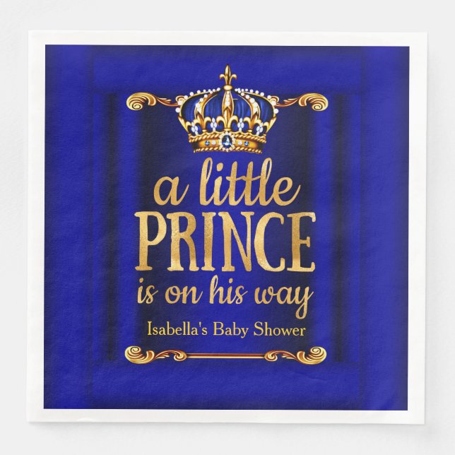 Royal Blue Gold Prince On His Way Baby Shower Napkin (Front)