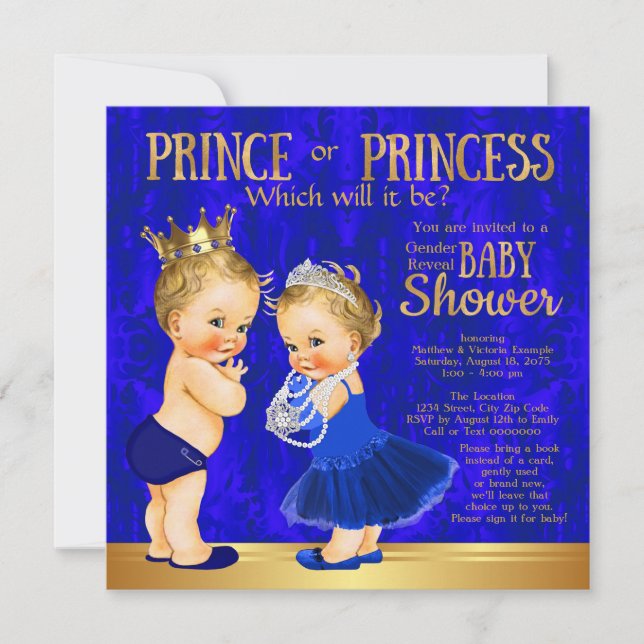 Royal Blue Gold Prince or Princess Gender Reveal Invitation (Front)