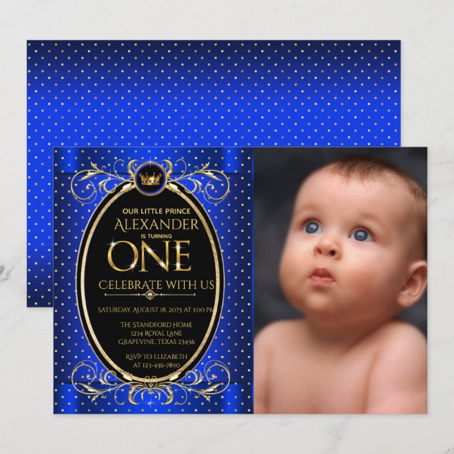 Royal Blue Gold Prince Photo First Birthday Party Invitation (Front/Back)