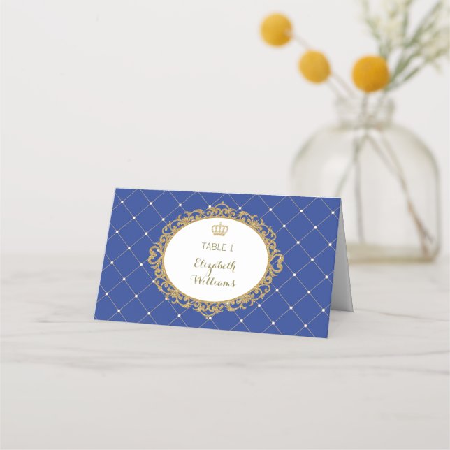 Royal Blue Gold Prince Place Cards Table Number (Front)