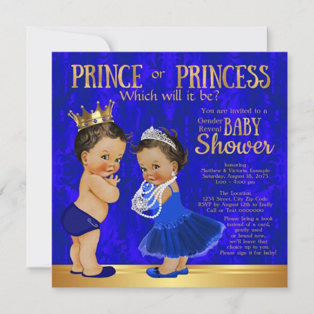 Royal Blue Gold Prince Princess Gender Reveal Invitation (Front)