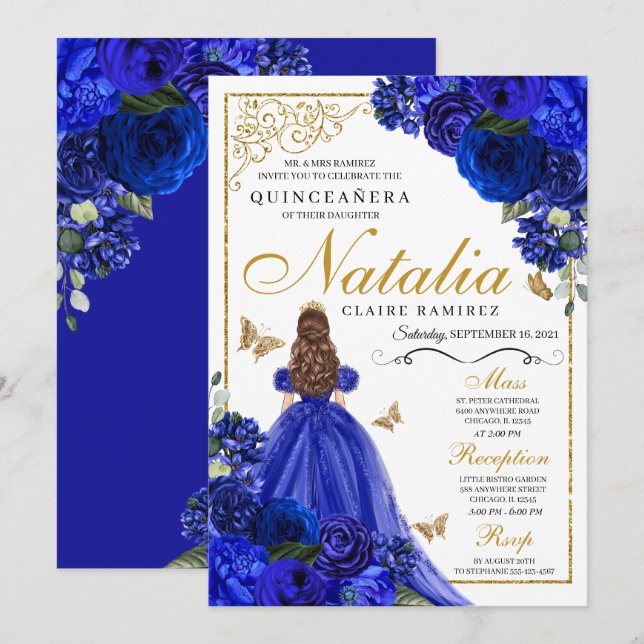 Royal Blue Gold Princess & Butterflies Quinceañera Invitation (Front/Back)