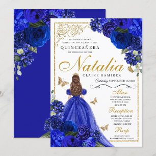 Royal Blue Gold Princess & Butterflies Quinceañera Invitation