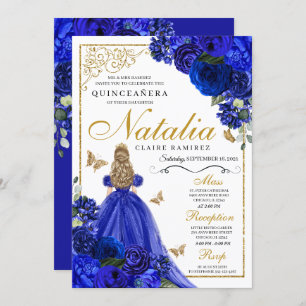 Royal Blue Gold Princess & Butterflies Quinceañera Invitation