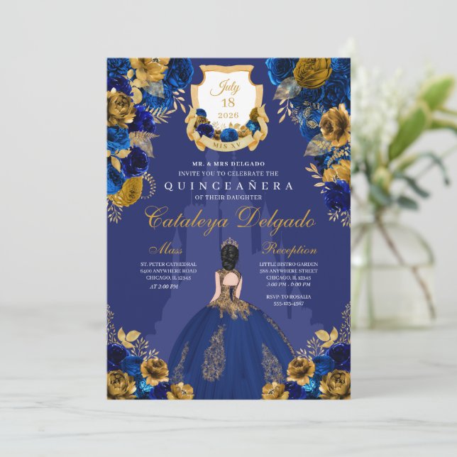Royal Blue & Gold Princess Castle Quinceañera Invitation (Standing Front)
