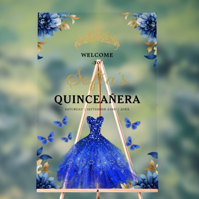 Royal Blue Gold Princess Quinceañera Welcome  Acrylic Sign (Neutral)