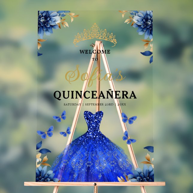Royal Blue Gold Princess Quinceañera Welcome  Acrylic Sign (Neutral)