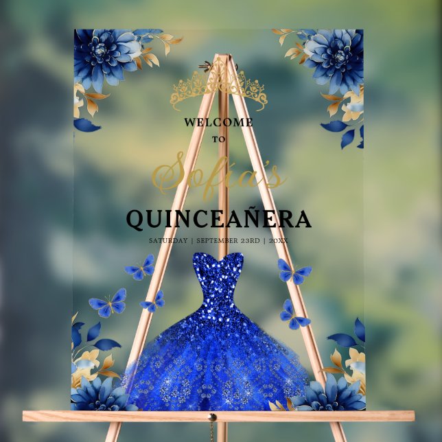 Royal Blue Gold Princess Quinceañera Welcome  Acrylic Sign (Neutral)