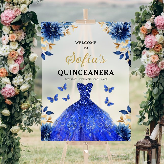 Royal Blue Gold Princess Quinceañera Welcome  Acrylic Sign (Creator Uploaded)