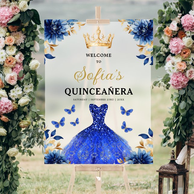 Royal Blue Gold Princess Quinceañera Welcome  Acrylic Sign (Creator Uploaded)